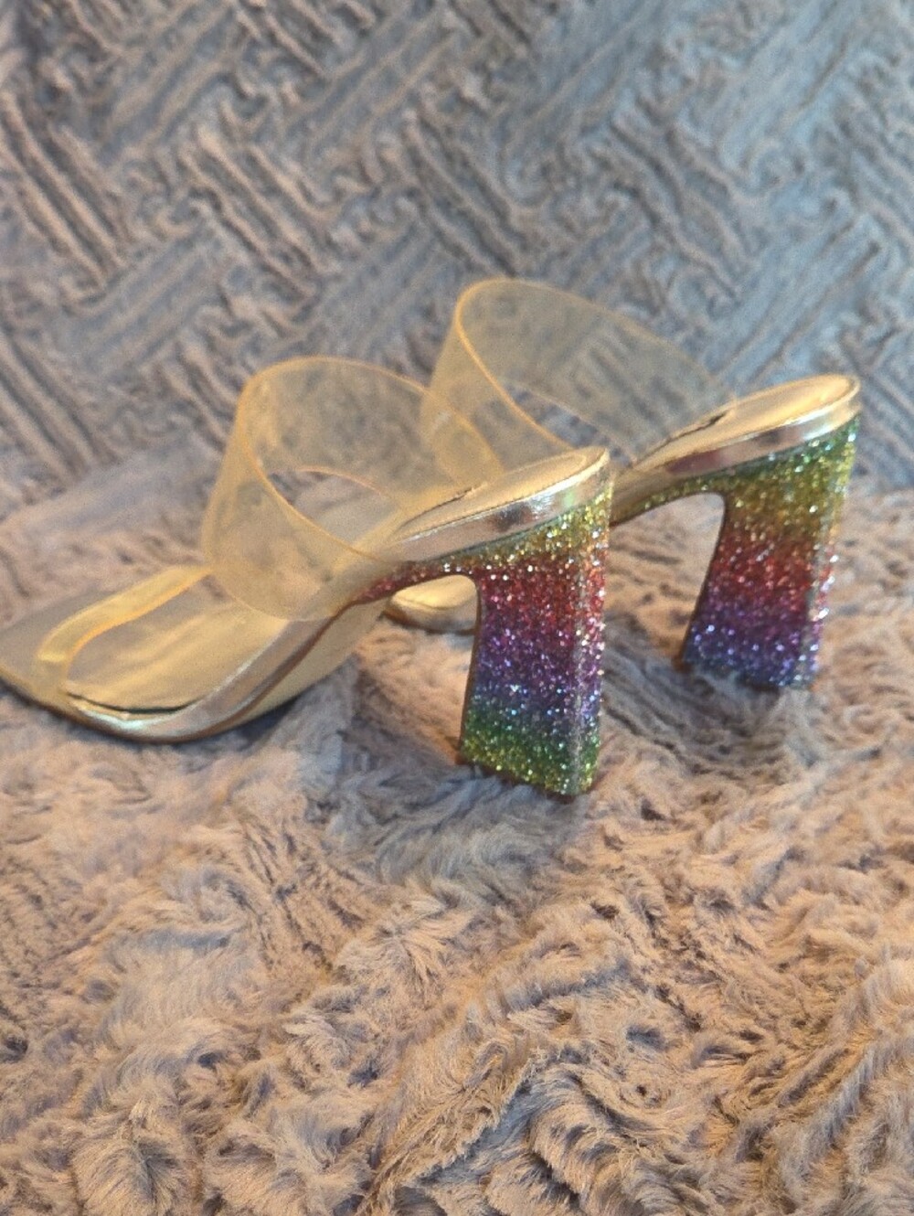 Clear Strap Mules with Rainbow Glitter Block Heel